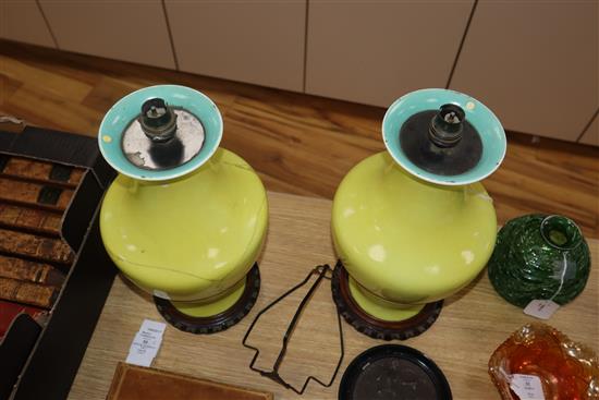 A pair of Chinese yellow ground vase table lamps (one a.f.)